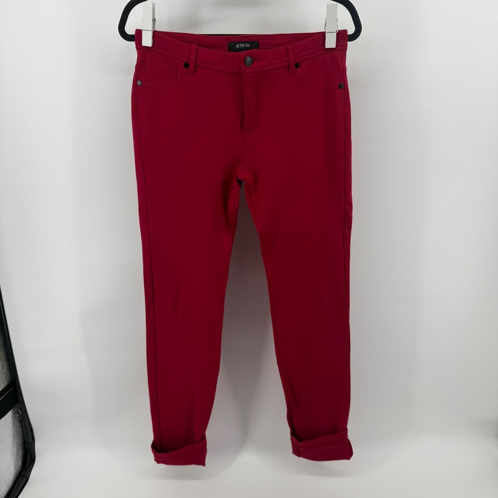 Active USA Red Stretch Pants Size L Women's Comfort Fit Casual Trousers Woven